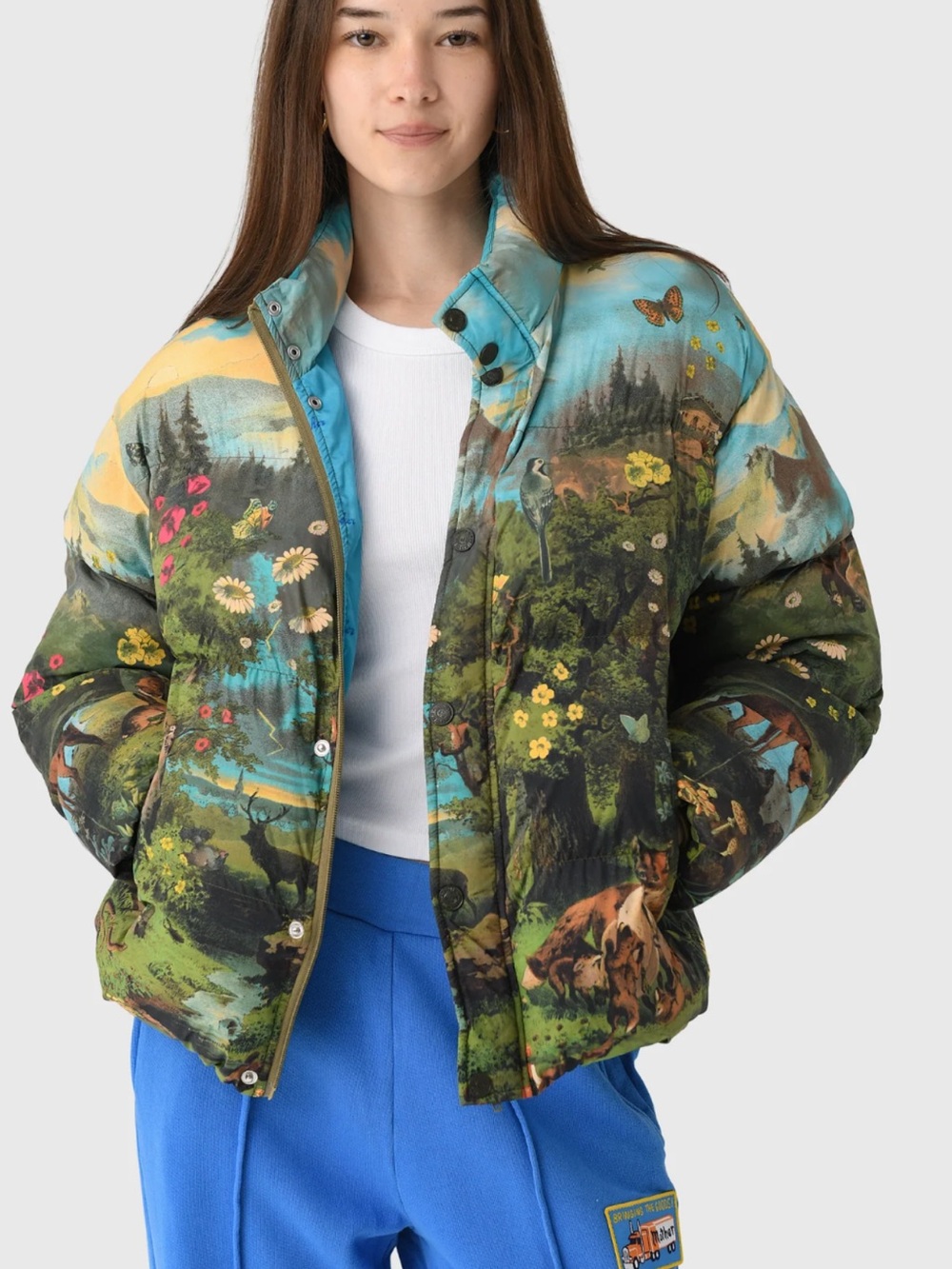 MOTHER Scenic Landscape Puffer Jacket in Teal, Green and Yellow